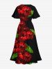 Plus Size Tropical Leaf Hibiscus Flower Print Hawaii Split Pocket A Line Midi Dress -  