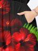 Plus Size Tropical Leaf Hibiscus Flower Print Hawaii Split Pocket A Line Midi Dress -  