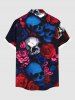 Plus Size Skull Rose Flower Print Halloween Button Pocket Shirt For Men -  