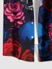 Plus Size Skull Rose Flower Print Halloween Button Pocket Shirt For Men -  