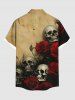 Plus Size Distressed Skull Rose Flower Print Halloween Button Pocket Shirt For Men -  