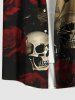 Plus Size Distressed Skull Rose Flower Print Halloween Button Pocket Shirt For Men -  
