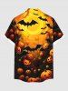 Plus Size Halloween Pumpkin Lantern Bat Print Buttons Pocket Shirt For Men -  