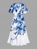 Plus Size Watercolor Flowers Leaf Print Split Hawaii Midi Dress -  