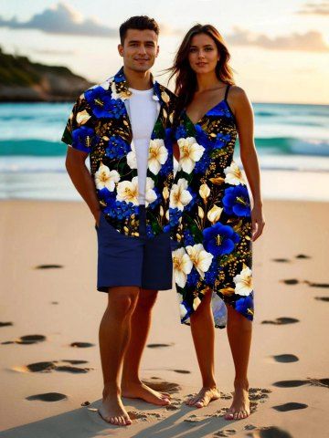 Gilding Two Tone Hibiscus Flower Print Plus Size Matching Hawaii Beach Outfit For Couples