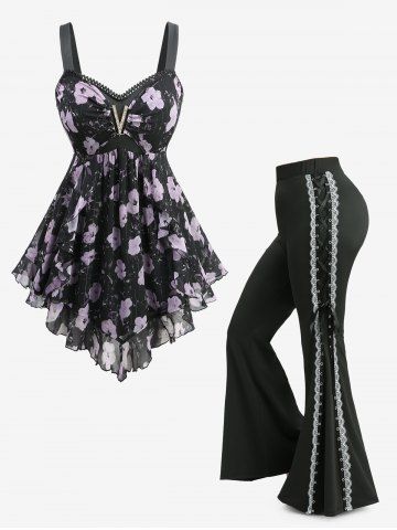 Flowers Watercolor Printed V Buckle Top and Lace Up Two Tone Flare Pants Plus Size Outfit