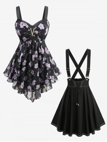 Haut à imprimé floral aquarelle avec boucle en V et fermeture éclair, surpiqûres à lacets, jupe à bretelles croisée en A, tenue grande taille - BLACK