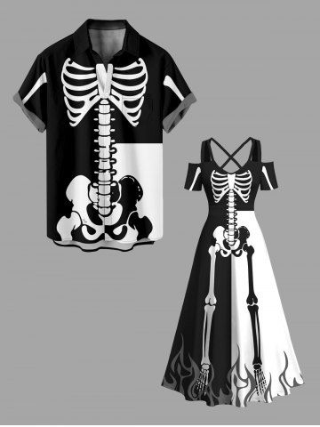 Halloween Two Tone Skeleton Fire Flame Print Plus Size Matching Outfit For Couples - BLACK