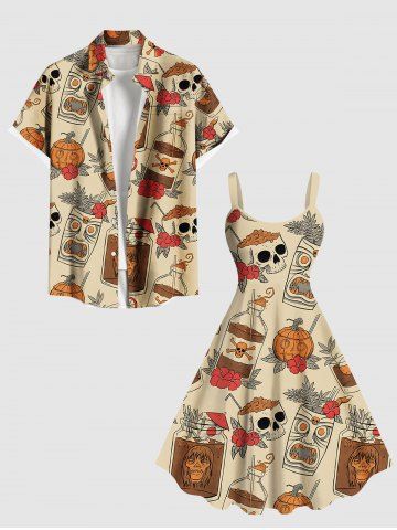 Halloween Skull Flower Pumpkin Mask Print Plus Size Matching Outfit For Couples - LIGHT COFFEE