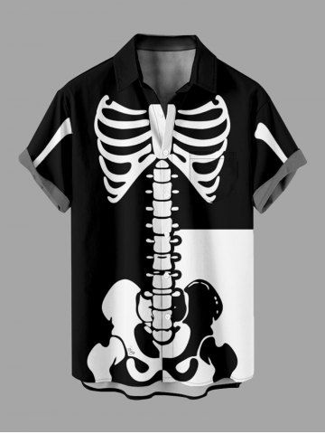 Chemise d'Halloween bicolore à imprimé squelette, grande taille, avec poches boutonnées, pour homme
