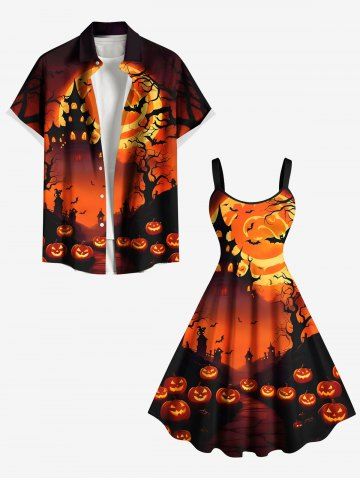 Halloween Pumpkin Lantern Moon Bat Trees Print Plus Size Matching Outfit For Couples - ORANGE
