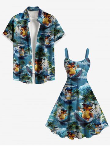 Tenue de plage hawaïenne assortie grande taille pour couples, motif cocotier, vagues, surf, canards et bateau