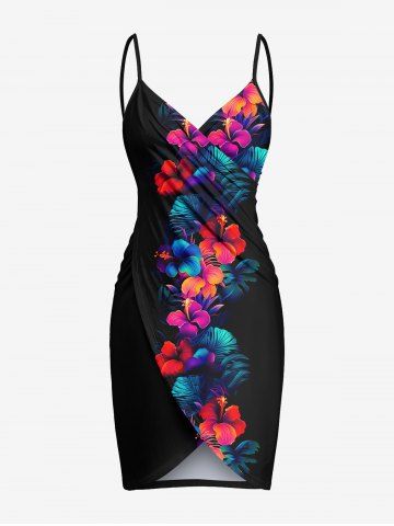 Plus Size Tropical Leaf Hibiscus Flowers Print Convertible Hawaii Beach Cover - BLACK - XXS