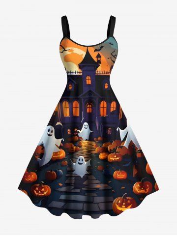 Plus Size Halloween Pumpkin Ghost Moon Bat Tree Print Tank Dress - BLACK - XXS