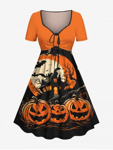 Plus Size Halloween Pumpkin Moon Bat Tree Print Cinched Dress - ORANGE - L