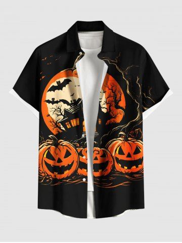 Plus Size Halloween Pumpkin Moon Bat Tree Print Buttons Pocket Shirt For Men