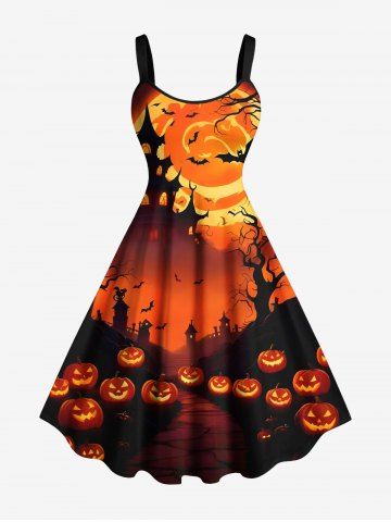 Plus Size Halloween Pumpkin Lantern Moon Bat Trees Print Tank Dress - ORANGE - XXS