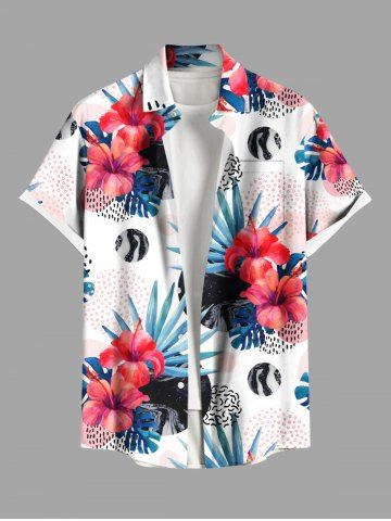 Plus Size Hibiscus Flowers Tropical Leaf Geometical Circle Print Buttons Pocket Hawaii Shirt For Men - WHITE - 4XL