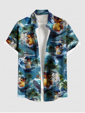 Plus Size Coconut Tree Sea Waves Surfing Ducks Ship Print Buttons Pocket Hawaii Shirt For Men - SKY BLUE - 5XL