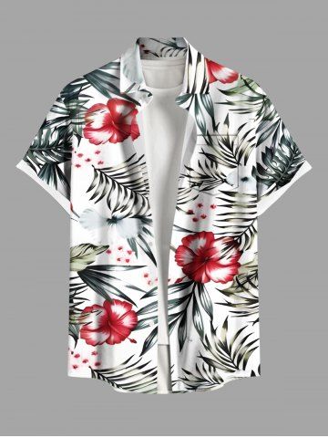 Plus Size Hibiscus Flowers Tropical Leaf Print Buttons Pocket Hawaii Shirt For Men - WHITE - 5XL