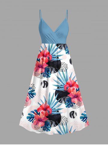 Plus Size Hibiscus Flowers Tropical Leaf Geometrical Circle Print Surplice Hawaii Cami Dress - LIGHT BLUE - 4X