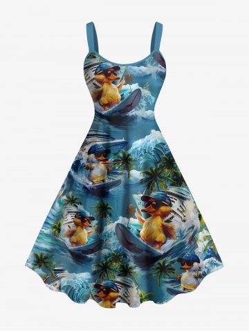 Plus Size Coconut Tree Sea Waves Surfing Ducks Ship Print Hawaii Tank Dress - LIGHT BLUE - 5X
