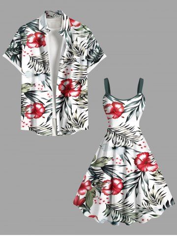 Hibiscus Flowers Tropical Leaf Print Plus Size Matching Hawaii Beach Outfit For Couples - WHITE