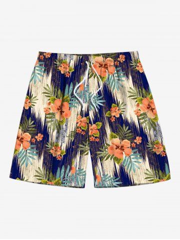 Plus Size Tropical Leaf Hibiscus Flower Waves Print Hawaii Drawstring Pocket Beach Shorts - BLUE - M