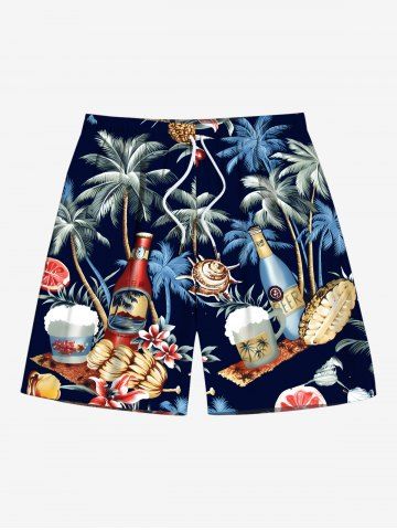 Plus Size Coconut Tree Shell Beer Flower Print Hawaii Drawstring Pocket Beach Shorts For Men - BLACK - 8XL
