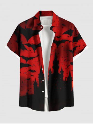 Plus Size Ombre Bat Castle Print Halloween Button Pocket Shirt For Men - RED - 6XL