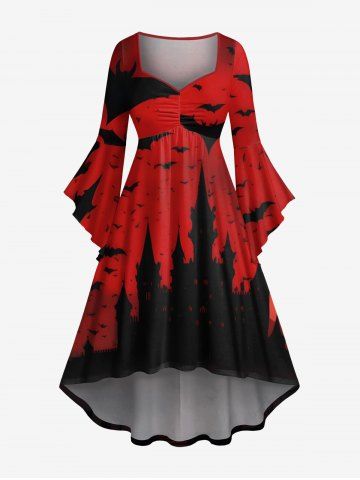 Plus Size Ombre Bat Castle Print Halloween Ruched High Low Asymmetric Dress - RED - XS