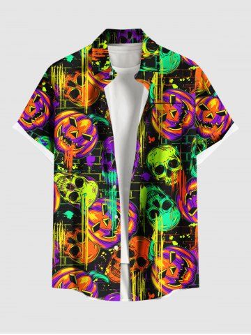 Plus Size Colorful Skull Pumpkin Print Halloween Button Pocket Shirt For Men - ORANGE - 6XL