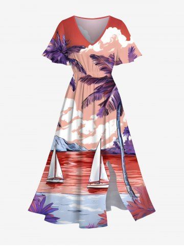 Plus Size Coconut Tree Sea Sailboat Mountain Cloud Print Hawaii Split Pocket A Line Midi Dress - RED - XS