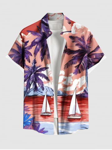 Plus Size Coconut Tree Sea Sailboat Mountain Cloud Print Hawaii Button Pocket Shirt For Men - RED - 4XL