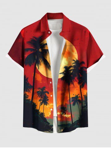 Plus Size Coconut Tree Ombre Sunset Moon Print Hawaii Button Pocket Shirt For Men - ORANGE - 3XL