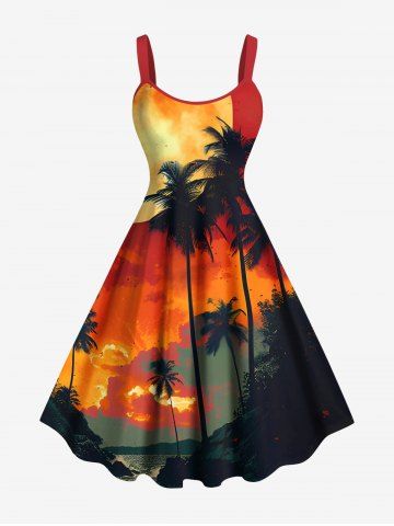 Plus Size Coconut Tree Ombre Sunset Moon Print Hawaii A Line Tank Dress - ORANGE - 6X