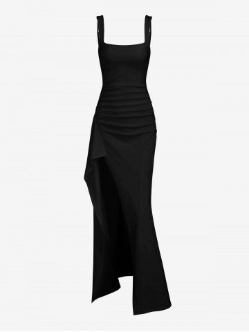 Women's Sexy Elegant Solid Color Backless Ruched Draped Thigh High Split Square Neck Adjustable Shoulder Straps Party Evening Gown Maxi Dress - BLACK - XS