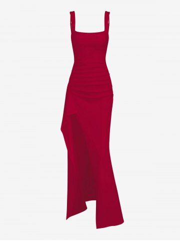 Women's Sexy Elegant Solid Color Backless Ruched Draped Thigh High Split Square Neck Adjustable Shoulder Straps Party Evening Gown Maxi Dress - RED - M
