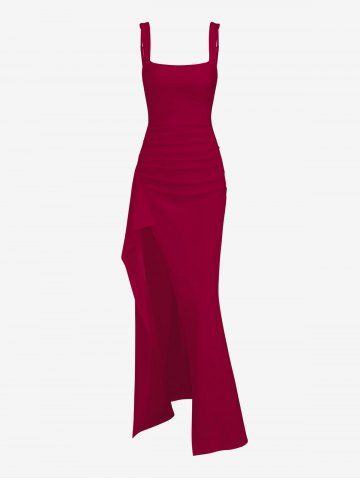 Women's Sexy Elegant Solid Color Backless Ruched Draped Thigh High Split Square Neck Adjustable Shoulder Straps Party Evening Gown Maxi Dress - RED WINE - L