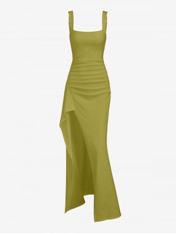 Women's Sexy Elegant Solid Color Backless Ruched Draped Thigh High Split Square Neck Adjustable Shoulder Straps Party Evening Gown Maxi Dress - GREEN - M