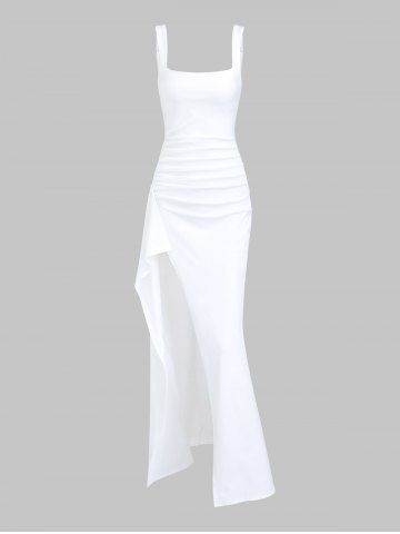 Women's Sexy Elegant Solid Color Backless Ruched Draped Thigh High Split Square Neck Adjustable Shoulder Straps Party Evening Gown Maxi Dress - WHITE - L