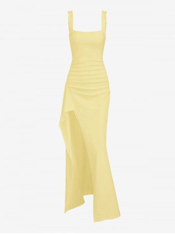 Women's Sexy Elegant Solid Color Backless Ruched Draped Thigh High Split Square Neck Adjustable Shoulder Straps Party Evening Gown Maxi Dress - YELLOW - M