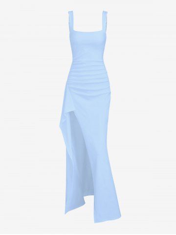 Women's Sexy Elegant Solid Color Backless Ruched Draped Thigh High Split Square Neck Adjustable Shoulder Straps Party Evening Gown Maxi Dress - BLUE - S