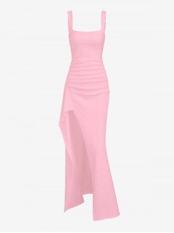 Women's Sexy Elegant Solid Color Backless Ruched Draped Thigh High Split Square Neck Adjustable Shoulder Straps Party Evening Gown Maxi Dress - LIGHT PINK - L