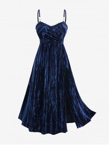 Plus Size Ruched Crisscross Panel Ruffles Buckle Chains Split Velvet Cami Dress - BLUE - 3X | US 22-24