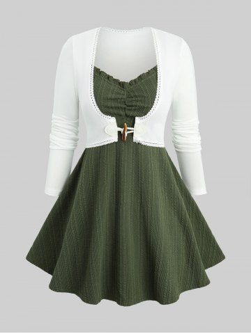 Plus Size Ruffles Ruched Textured Cami Top And Lace Trim Buckle Long Sleeve Top - DEEP GREEN - L | US 12