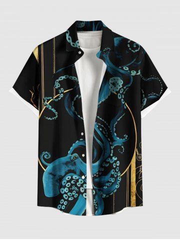 Plus Size Octopus Print Hawaii Button Pocket Shirt For Men - BLACK - XL