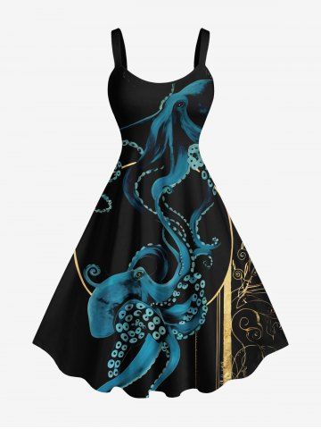 Robe trapèze hawaïenne à imprimé pieuvre grande taille - BLACK - 2X