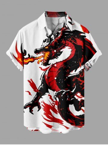 Chemise à poches boutonnées grande taille pour homme, imprimée de flammes de dragon - WHITE - 6XL