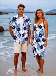 Tenue de plage hawaïenne assortie grande taille à imprimé feuilles tropicales et fleurs d'hibiscus pour couples - Bleu 